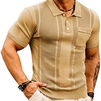 GRACE KARIN Men’s Knit Polo Shirts Short Sleeve Texture Lightweight Golf Shirts Sweater