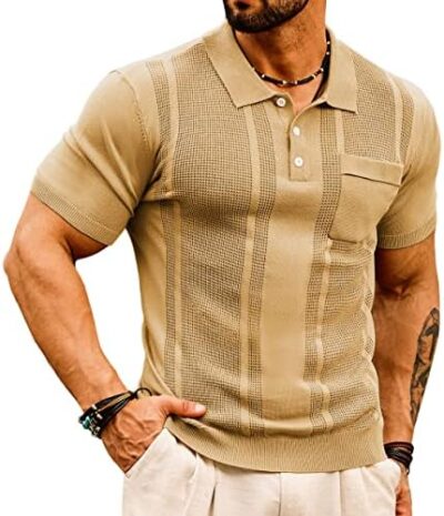 GRACE KARIN Men's Knit Polo Shirts Short Sleeve Texture Lightweight Golf Shirts Sweater