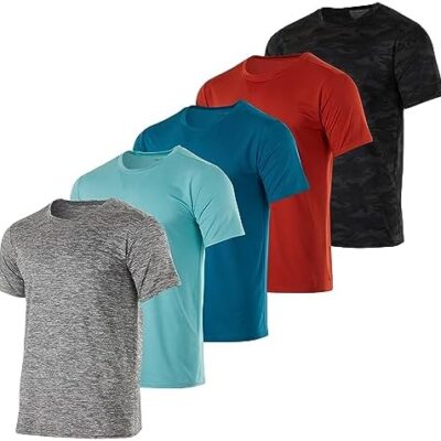 Real Essentials 5 Pack: Men’s Short Sleeve Dry Fit Active Crew Neck T Shirt – Athletic Running Gym Workout Tee Tops