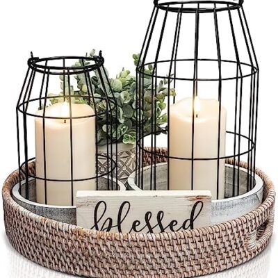 Rustic Farmhouse Lantern Decor – Stylish Decorative Lanterns for Your Living Room, Fireplace Mantle or Kitchen Dining Table – Modern Upscale Beauty for Your Entire Home