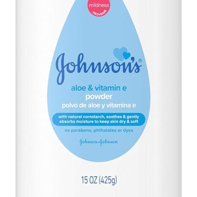 Johnson’s Baby Powder, Naturally Derived Cornstarch with Aloe & Vitamin E for Delicate Skin, Hypoallergenic and Free of Parabens, Phthalates, and Dyes for Gentle Baby Skin Care, 15 oz