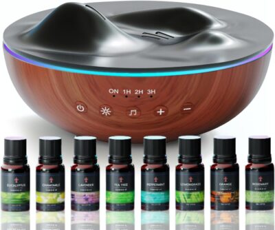 Innovative Aromatherapy Oil Diffuser with Essential Oil Set for Large Room, 500ml Ultrasonic Quiet Cool Mist Aroma Humidifier, 8 Relaxing Sounds, White Noise, Timer, Waterless Auto-Off Safety Switch