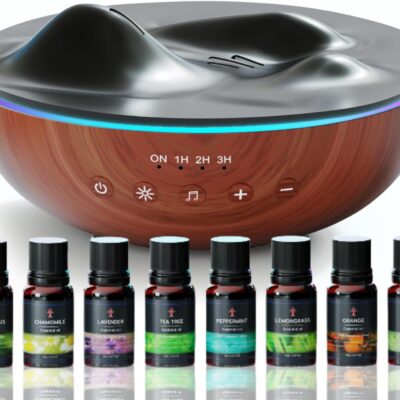 Innovative Aromatherapy Oil Diffuser with Essential Oil Set for Large Room, 500ml Ultrasonic Quiet Cool Mist Aroma Humidifier, 8 Relaxing Sounds, White Noise, Timer, Waterless Auto-Off Safety Switch