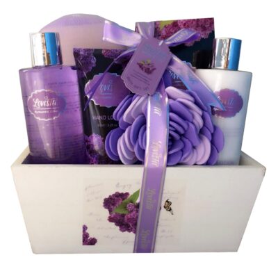 Spa Gift Basket with Lavender Fragrance and Lilac Color – Bath and Body Set Includes Shower Gel, Body Lotion, Hand Lotion, Bath Salt, Flower Sponge and EVA Sponge