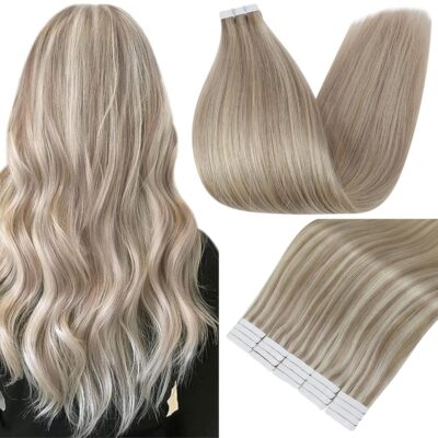 Full Shine Tape in Hair Extensions Human Hair 18 Ash Blonde Highlight 613 Blonde Double Sided Tape in Hair Extensions 12 Inch Invisible Straight Hair Extensions Tape in 30G 20Pcs Tape in Extensions