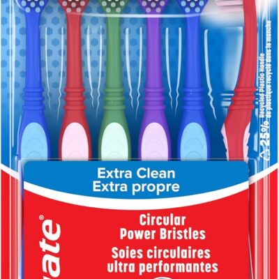 Colgate Extra Clean Toothbrush, Medium Bulk Toothbrush Pack, Adult Medium Bristle Toothbrushes with Ergonomic Handle and Circular Cleaning Bristles, Helps Remove Surface Stains, 6 Pack