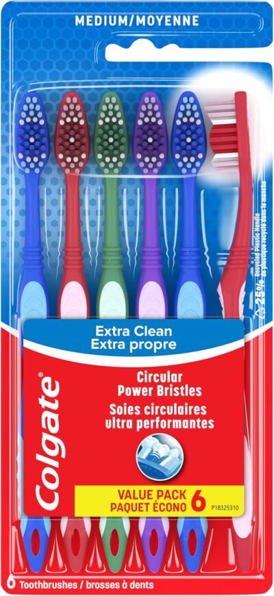 Colgate Extra Clean Toothbrush, Medium Bulk Toothbrush Pack, Adult Medium Bristle Toothbrushes with Ergonomic Handle and Circular Cleaning Bristles, Helps Remove Surface Stains, 6 Pack