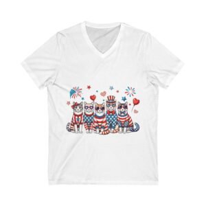 Patriotic Cat V-Neck Tee, 4th of July Shirt, Cat Lover Gift, Unisex T-Shirt, Holiday Apparel, Summer Celebration Top