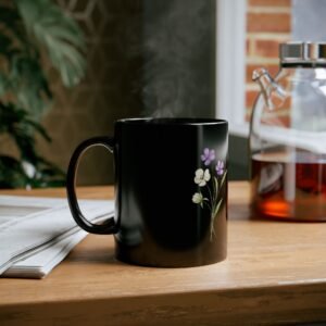 Floral Black Mug, Elegant Coffee Cup, Floral Drinkware, Gift for Her, Home Decor, Tea Lover, Mother’s Day Present