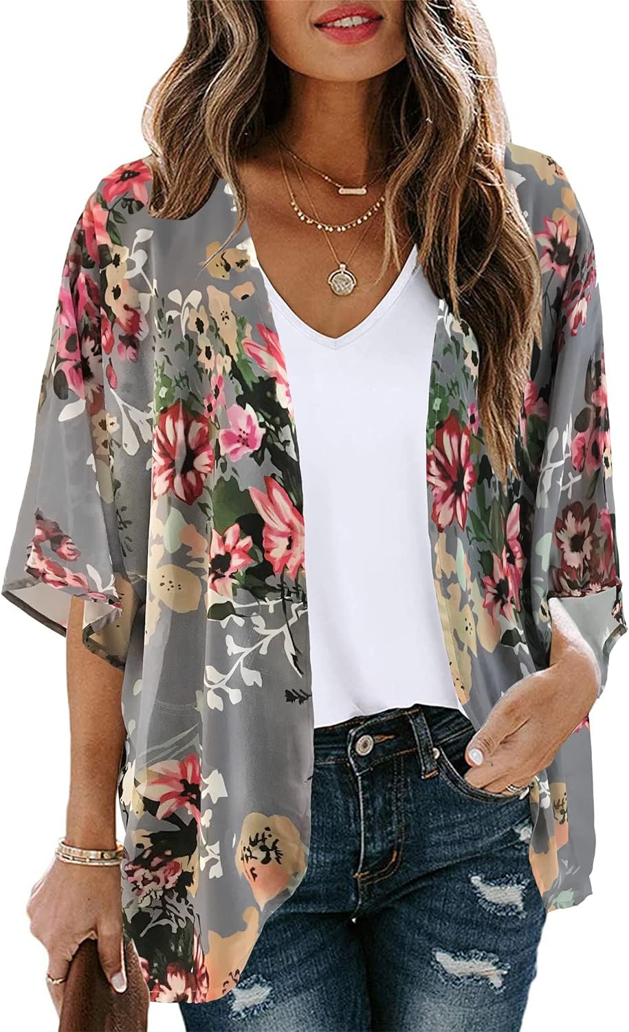 Women's Floral Print Puff Sleeve Kimono Cardigan L... - Image 2