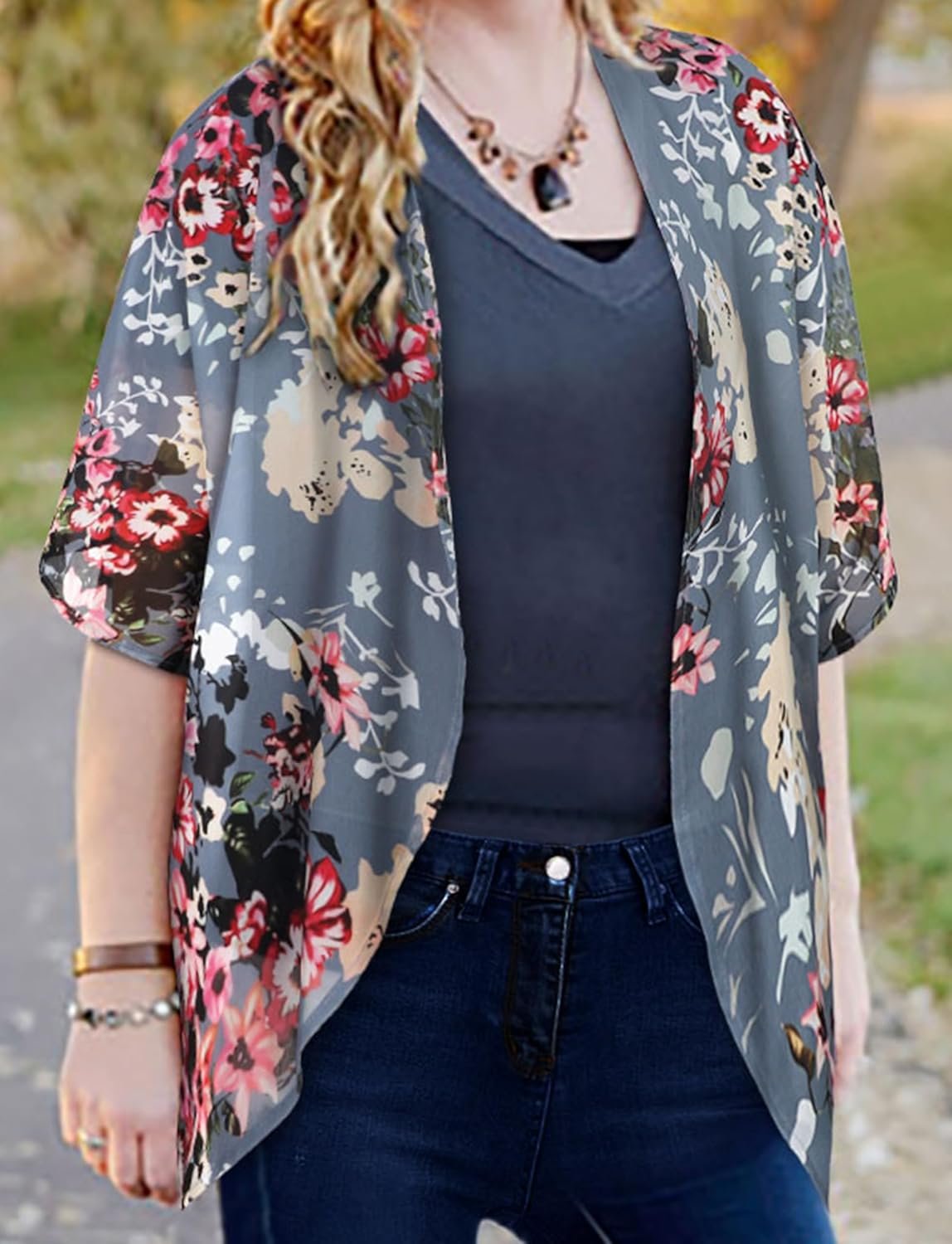 Women's Floral Print Puff Sleeve Kimono Cardigan L... - Image 4
