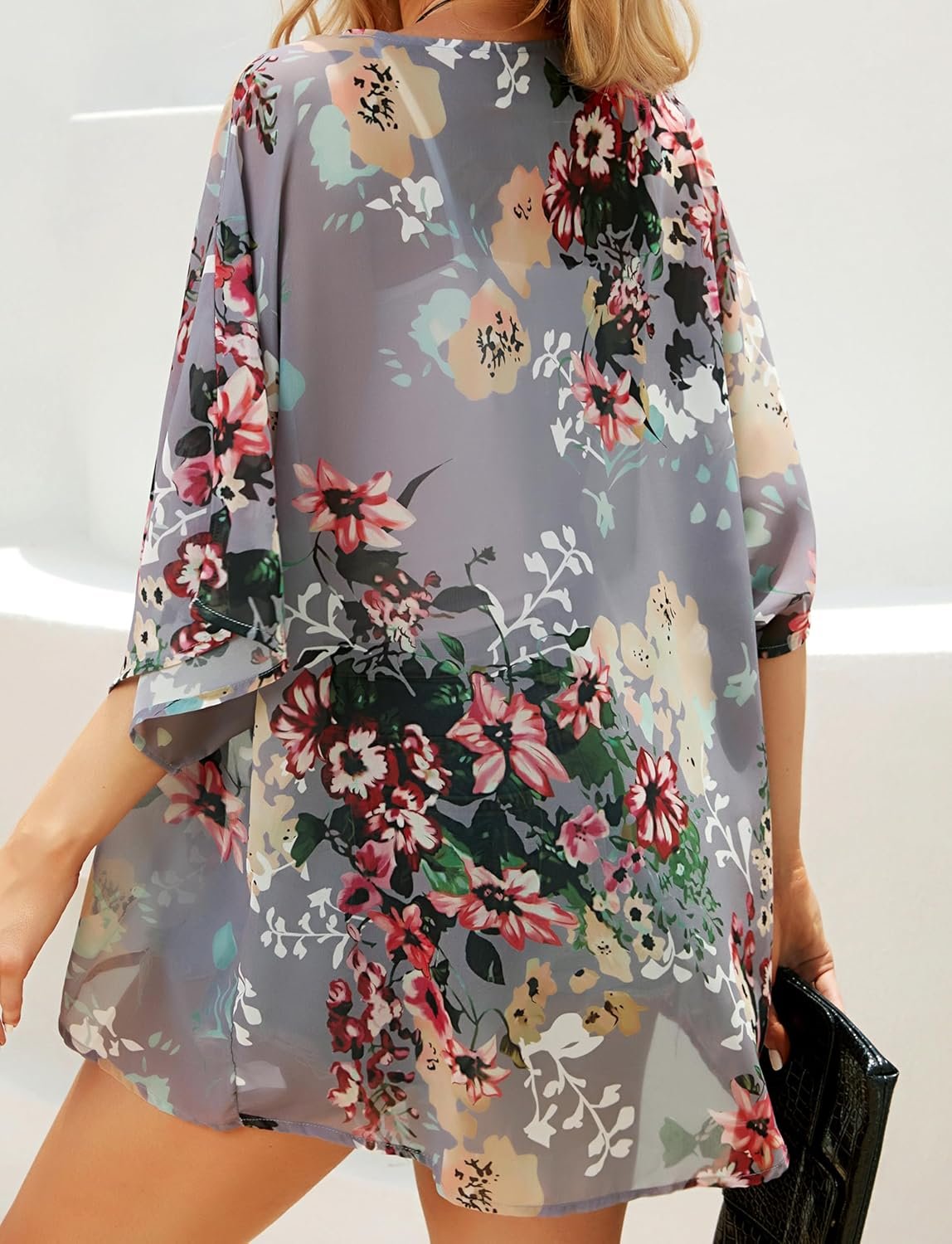 Women's Floral Print Puff Sleeve Kimono Cardigan L... - Image 7
