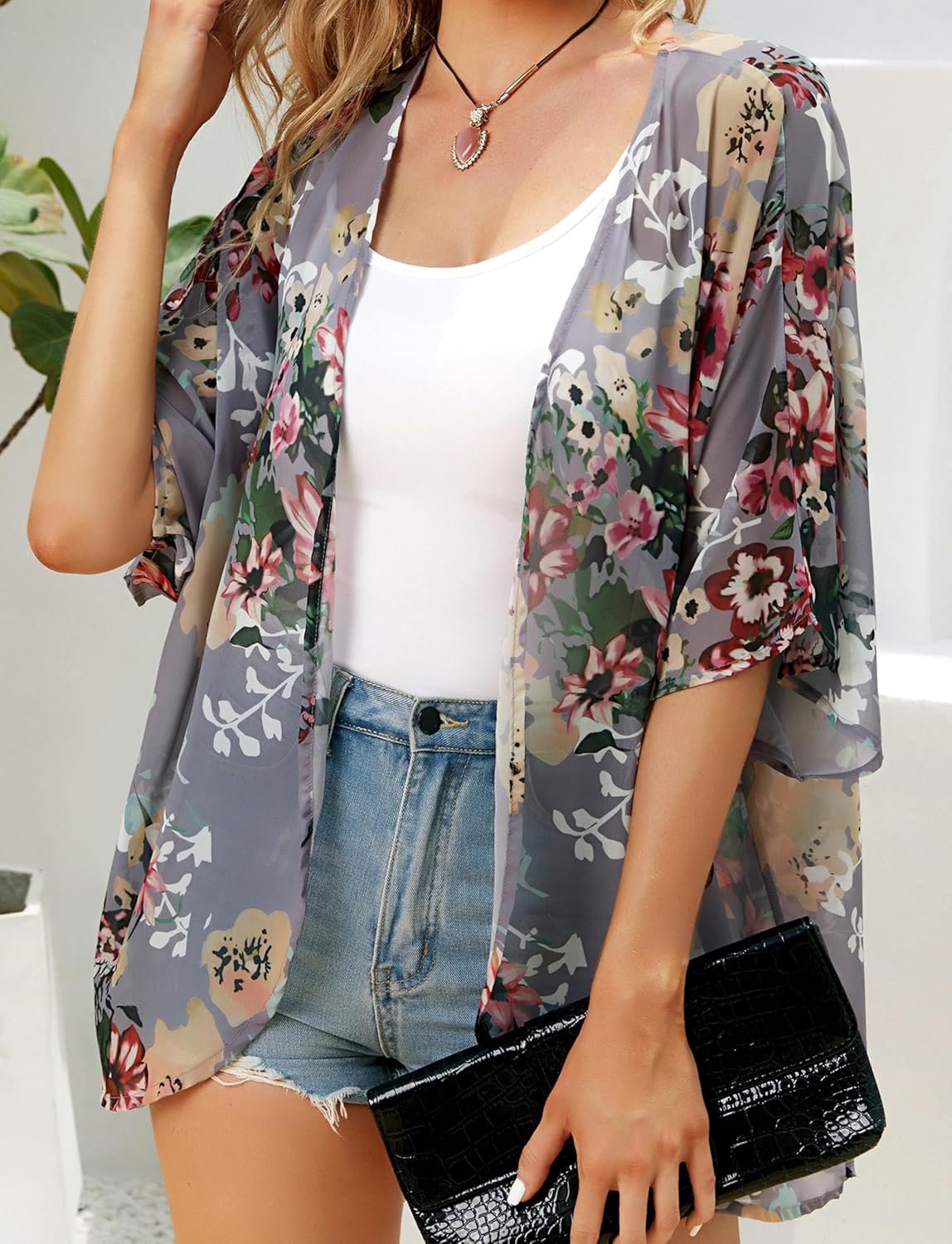 Women's Floral Print Puff Sleeve Kimono Cardigan L... - Image 5