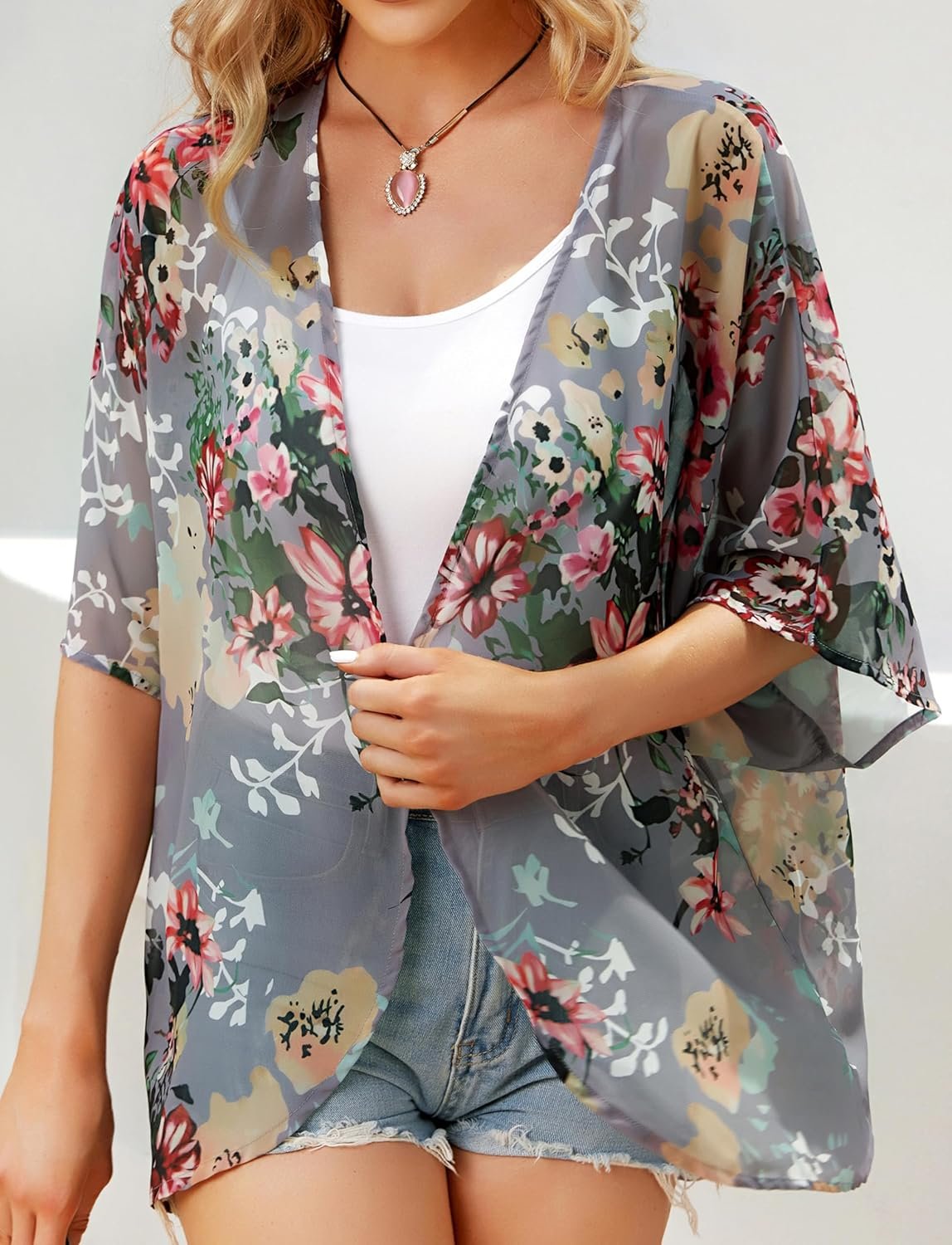 Women's Floral Print Puff Sleeve Kimono Cardigan L... - Image 6