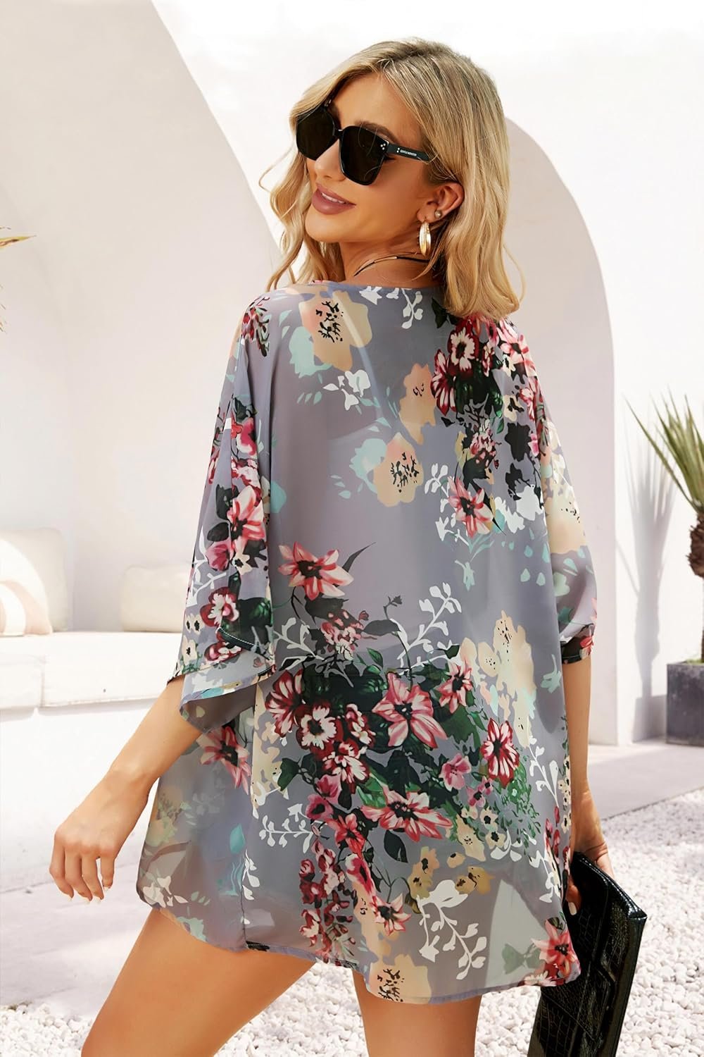 Women's Floral Print Puff Sleeve Kimono Cardigan L... - Image 8